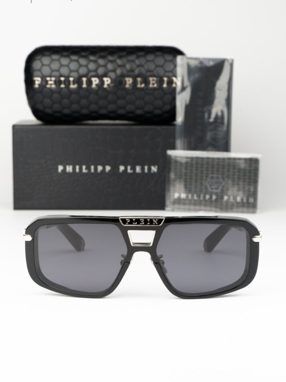 Philipp Plein Men Sunglasses Black Grey Pilot SPP008M 0700 NEW AUTHENTIC